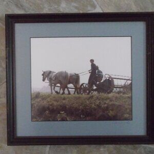 Framed Matted & Signed Amish on Hayraker? Photograph